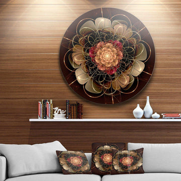Dark Gold Red Fractal Flower Pattern - Floral Metal Circle Wall Art